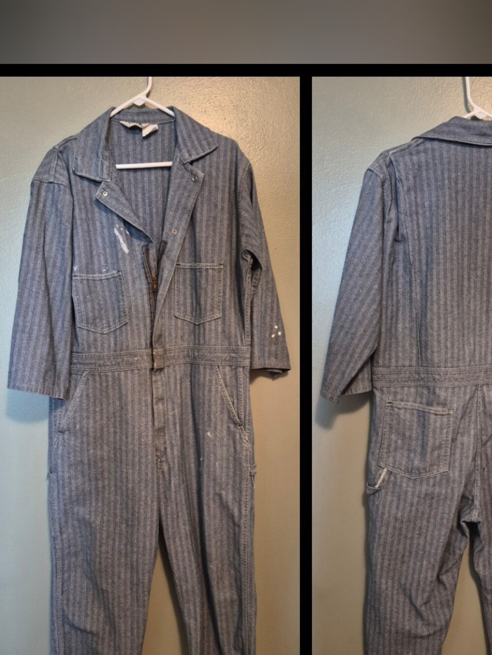 Vintage Herringbone Denim Key Coveralls Work (Paint And Hole) Jumpsuit